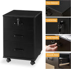 TUKAILAi Mobile File Cabinet with 3 Drawers, Lockable Storage Unit Wooden Rolling Office Filing Cabinet with Wheels, for Legal/Letter/A4 Sized Documents Home Office (Black 2PCS)
