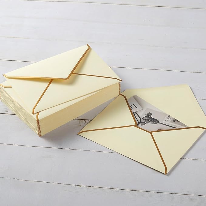 50 Pack Cream Color A4 Envelopes 4x6 Self-Adhesive V Flap Envelopes with Gold Border for Office, Greeting Card, Wedding, Graduation, Baby Shower, Parties, Invitations (4.25x6.25 inches)