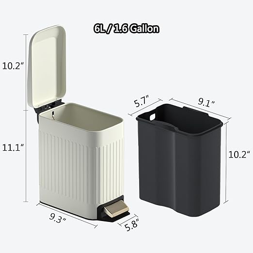Small Bathroom Trash Can with Lid Soft Close-6L/1.6 Gal Slim Step Garbage Can-Metal Pedal Wastebasket-Narrow Rectangle Garbage Container Bin for Corner Office, Bedroom, Toilet, Live Room-Beige
