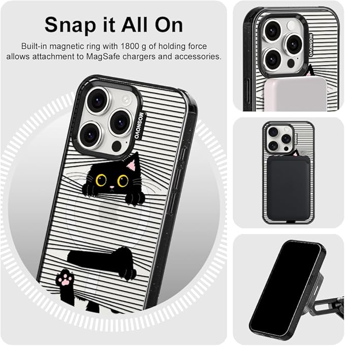MOSNOVO Magnetic Case for iPhone 15 Pro, 10ft Military-Grade Protection, Compatible with Magsafe, Shockproof Phone Case for iPhone 15 Pro - Hidden Black Cat - Clear Black
