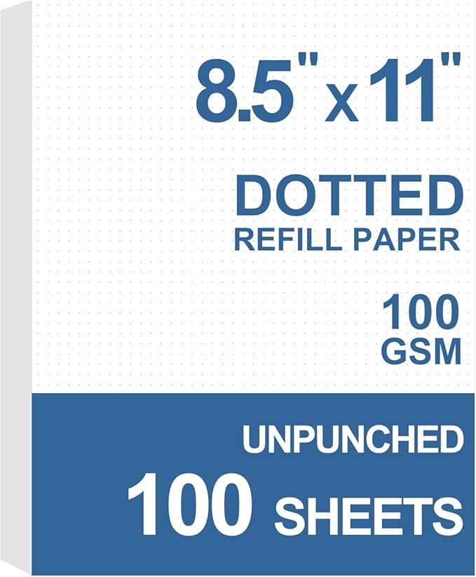 Unpunched Refills Paper, Letter Size Loose Leaf Paper for Ring Binder/Discbound Notebook Planner Inserts, 100 Sheets/200 Pages, White, Dot Grid, 8.5 X 11 Inch