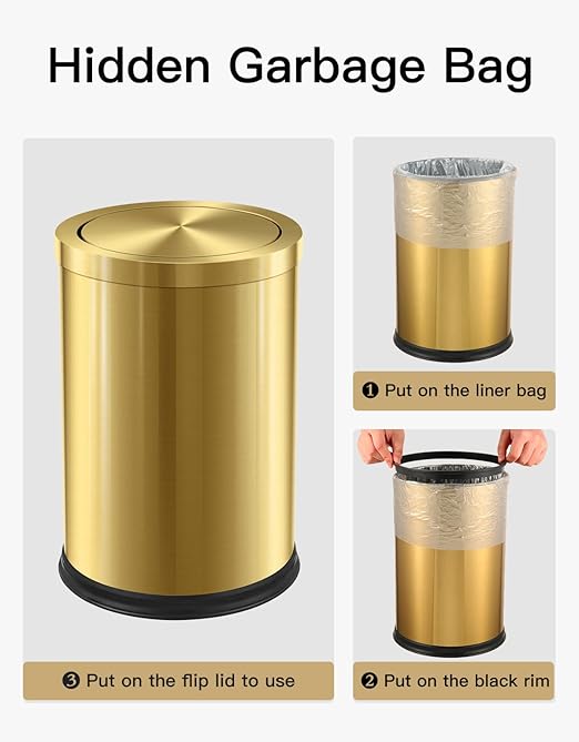 Stainless Steel Gold Trash can with Flipping Lid 2.4gallon Fingerprint-Proof Garbage cans Wastebasket Bin for Kitchen bothroom Living Room (Gold, 2.6 Gallon)