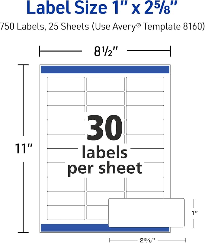 Avery Easy Peel Printable Address Labels with Sure Feed, 1" x 2-5/8" Customizable Stickers, White, 750 Blank Mailing Labels, Great for Mailing, Shipping, and More (8160)