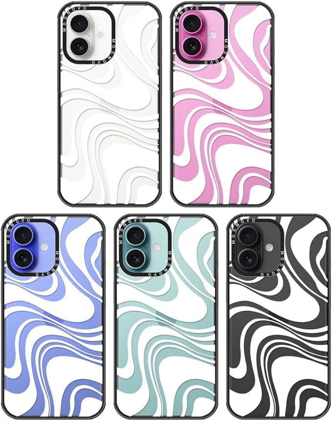 MOSNOVO Case for iPhone 16 Plus, [10ft 4X Military-Grade Drop Protection] Durable & Shockproof Phone Case Cover Design for iPhone 16 Plus - White Swirl - Clear Black