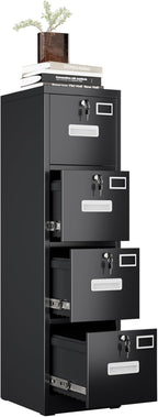 4 Drawer Metal Vertical File Cabinet with 4 Independent Locks, Home Office File Cabinet with Card Holder for Letter/Legal/A4 Folders, Black Filing Cabinet, Assembly Required, 4 Drawers