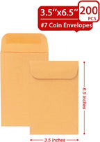 200PCS #7 Coin Envelopes 3.5x6.5 inches Brown Kraft Envelopes Classic Small Parts Gummed Flap for Coins, Cash, Credit Cards, Seeds