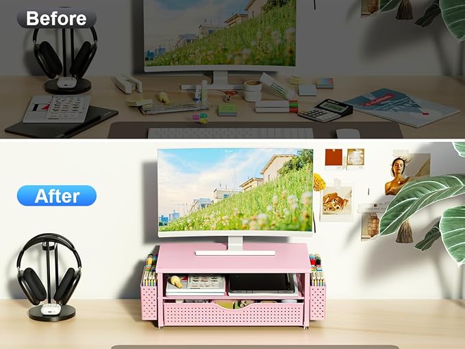 Desk Organizer and Accessories, Computer Monitor Stand Riser with Drawer and 2 Pen Holders, Office Desk Accessories & Workspace Organizers for Office Supplies (Pink)