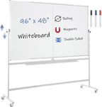 FORTUNO Large Magnetic Mobile Whiteboard 96"x48", Rolling Double Sided Stand Whiteboard on Wheels, Reversible Adjustable Height/Angle Dry Erase Board 8' x 4' Easel White Board for Office Classroom
