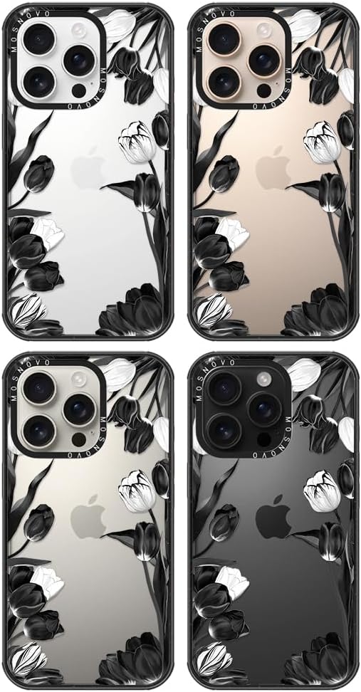 MOSNOVO Case for iPhone 16 Pro, [10ft 4X Military-Grade Drop Protection] Durable & Shockproof Phone Case Cover Design for iPhone 16 Pro - Black White Tulips - Clear Black