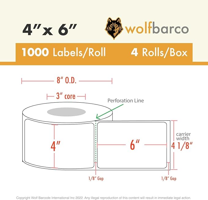 Direct Thermal (Heat Transfer) Paper Label/Industrial Grade 4"X 6" Blue, with Perforation, 3" Core, 8" OD,1000 Pcs/Roll (4 Rolls per Box), Compatible with Zebra, Godex and Datamax Printers