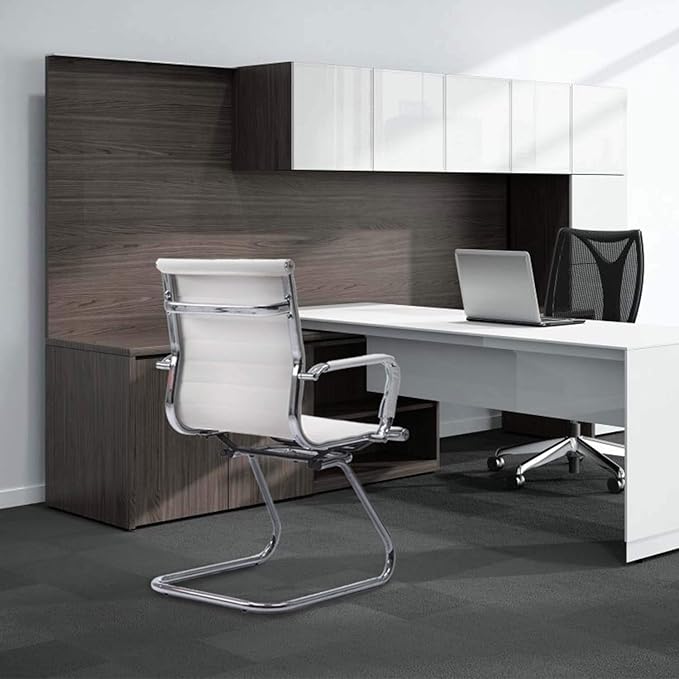 Reception Chairs Leather Conference Chairs No Wheels Back Support Heavy Duty Office Guest Chair, Set of 2 (White)