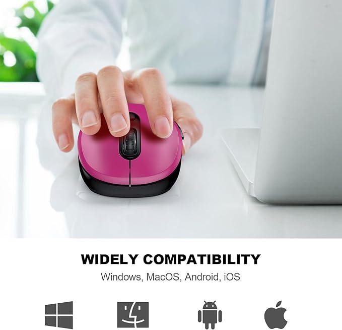 WisFox 2.4G Wireless Mouse for Laptop, Ergonomic Computer Mouse with USB Receiver and Type-C Adapter, 3 Adjustable Levels, 6 Button Cordless Wireless Mice for Windows Mac PC Notebook (Fuchsia)