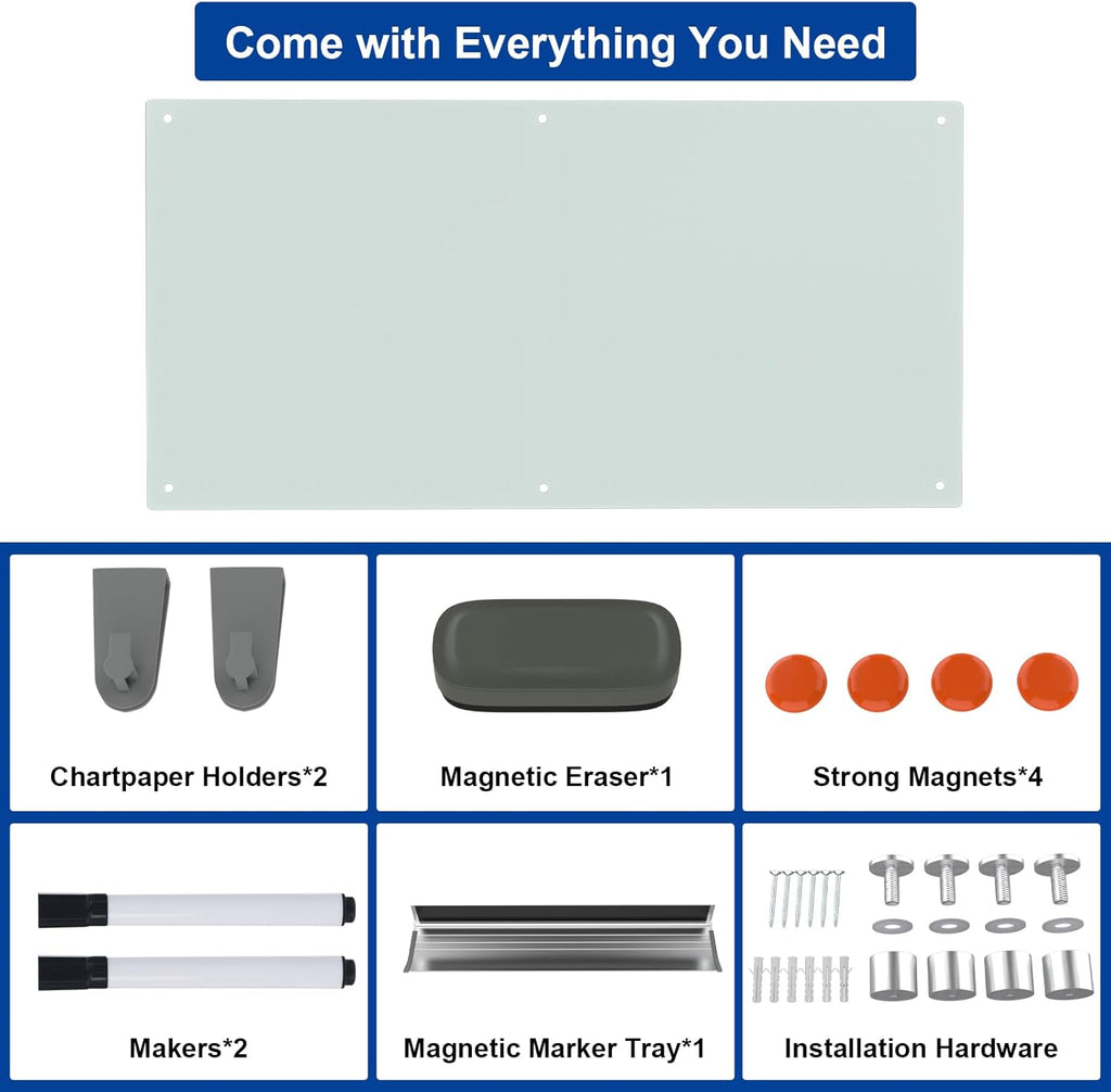 Large Glass Dry Erase Board, 96 x 48 Inches Magnetic Glass Whiteboard for Wall, 8' x 4' Frameless Board for Office, Home, School