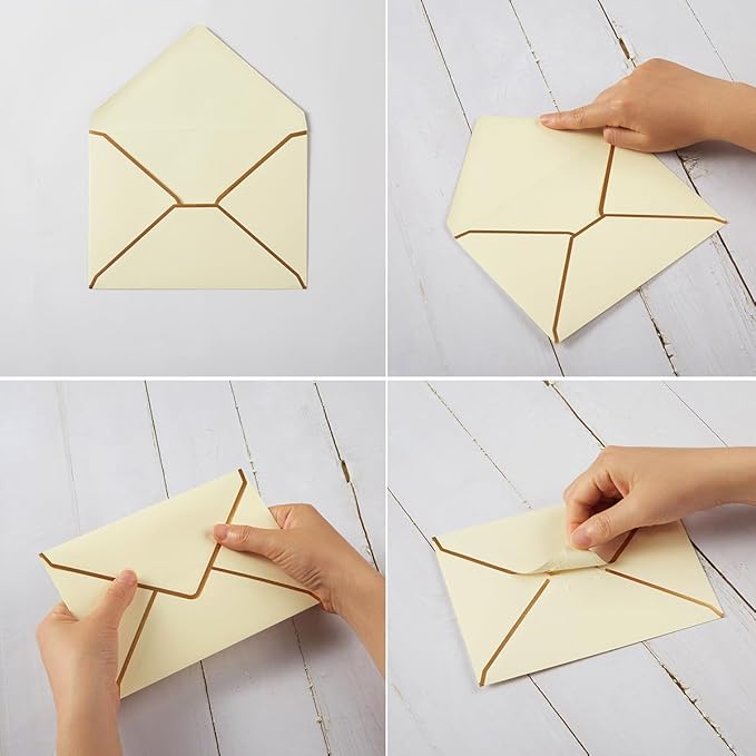 50 Pack A7 Envelopes Cream Color 5 x 7 Self-Adhesive V Flap Envelopes with Gold Border for Office, Greeting Card, Wedding, Graduation, Baby Shower, Parties, Invitations (Cream Color, 5x7)