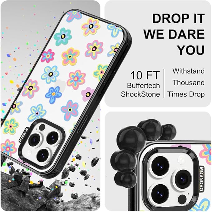 MOSNOVO Case for iPhone 14 Pro Max, [10ft 4X Military-Grade Drop Protection] Durable & Shockproof Phone Case Cover Design for iPhone 14 Pro Max - Groovy Flower - Clear Black