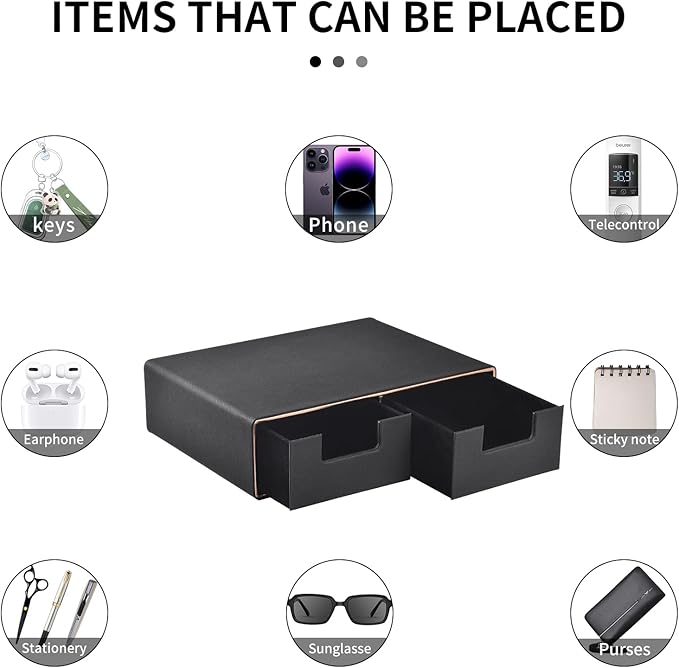 Linen Leather Desk Organizer and monitor stand with Drawers－Mini Desktop Drawer Organizer Stackable－Tabletop Organization Storage Box for Office Supplies Home Vanity Toiletries (Black, 2-drawers)