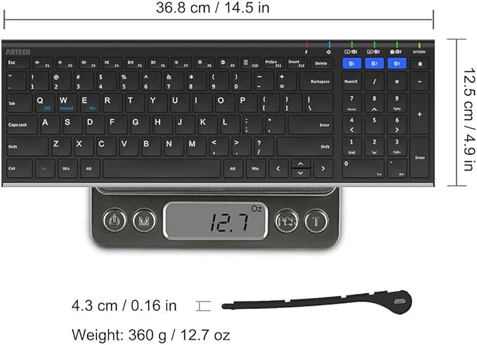 Arteck HB193 Universal Bluetooth Keyboard Multi-Device Stainless Steel Full Size Wireless Keyboard for Windows, iOS, Android, Computer Desktop Laptop Surface Tablet Smartphone Rechargeable Battery