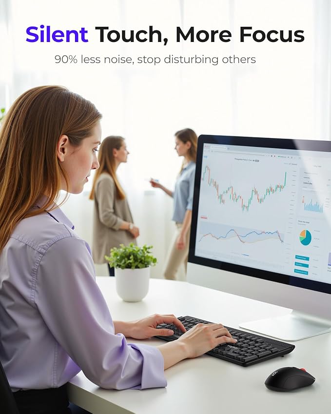 Wireless Keyboard and Mouse Combo, 5-Level Adjustable 4000 DPI Mouse, Quiet 2.4G Full Size Keyboard with 8 Additional Shortcuts, Silent Typewriter for PC, Desktop, Laptop, MacBook