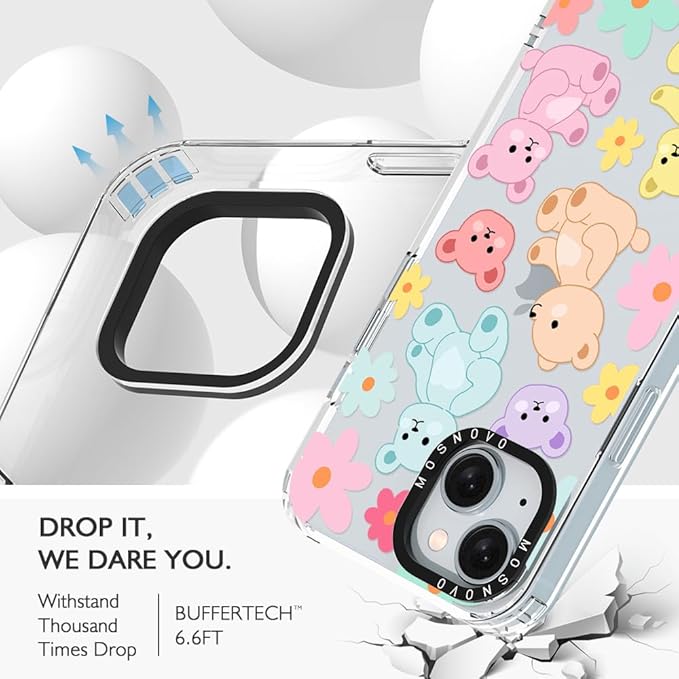 MOSNOVO Case for iPhone 15, [Buffertech 6.6ft Military-Grade Drop Protection] [Anti Peel Off Tech] Clear TPU Bumper Phone Case Cover Design - Cute Teddy Bear