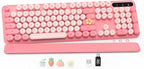 Wireless Keyboard, Round Keycaps, Retro Typewriter Keyboard with Detachable Wrist Rest, Sleep Mode, Foldable Legs, 2.4GHz Full-size Cordless Computer Keyboard for Windows/PC/Laptop (Baby Pink)