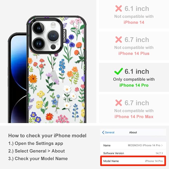 MOSNOVO Case for iPhone 14 Pro, [10ft 4X Military-Grade Drop Protection] Durable & Shockproof Phone Case Cover Design for iPhone 14 Pro - Botanical Floral - Clear Black