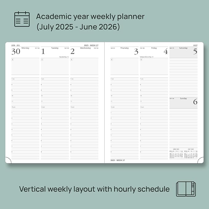 POPRUN Planner 2025-2026 (Large - 8.5'' x 10.5'') Academic Weekly Calendar (July 2025 - June 2026) with Hourly Time Slots, Monthly Tabs, 100GSM Thick Papers, Leather Soft Cover - Blue Green