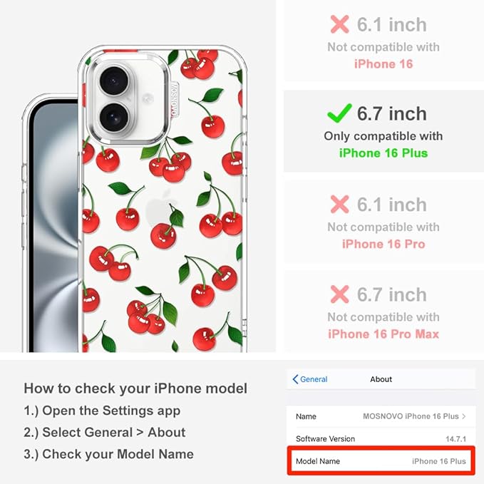 MOSNOVO Case for iPhone 16 Plus, [Buffertech 6.6ft Military-Grade Drop Protection] [Anti Peel Off Tech] Clear TPU Bumper Phone Case Cover Design - Cute Cherry