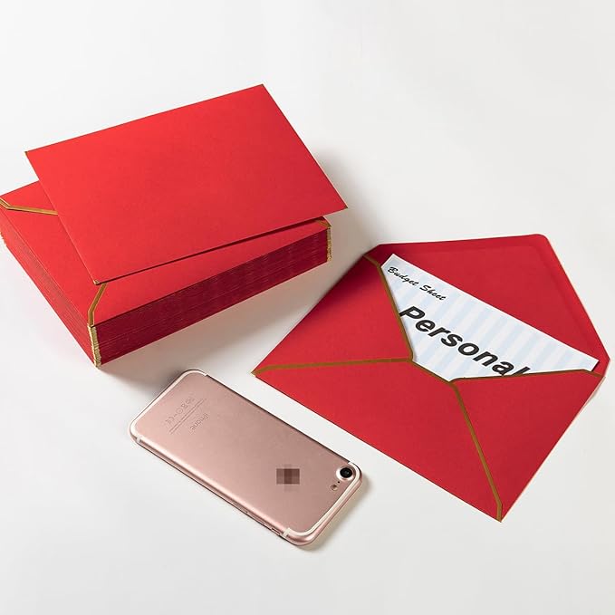 50 Pack A7 Envelopes Red 5 x 7 Self-Adhesive V Flap Envelopes with Gold Border for Office, Greeting Card, Wedding, Graduation, Baby Shower, Parties, Invitations (Red, 5x7)