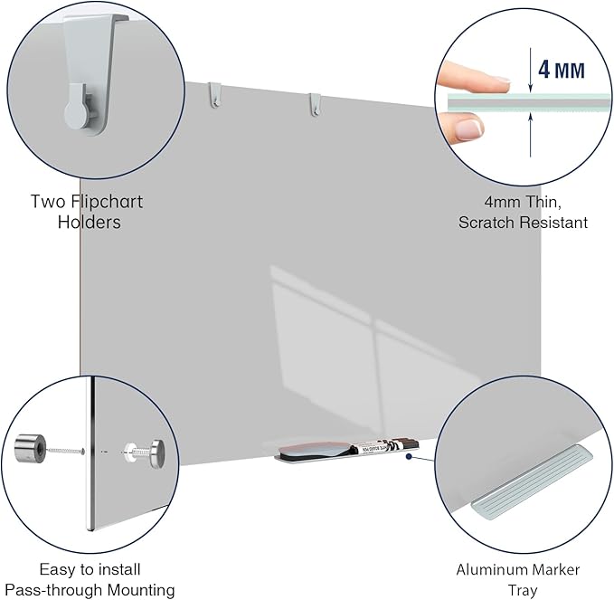 TSJ OFFICE Glass Dry-Erase Board - 36 x 24 Inches Wall Mounted Magnetic Whiteboard, Large Frameless Glass White Board for Office, Home & School, Gray