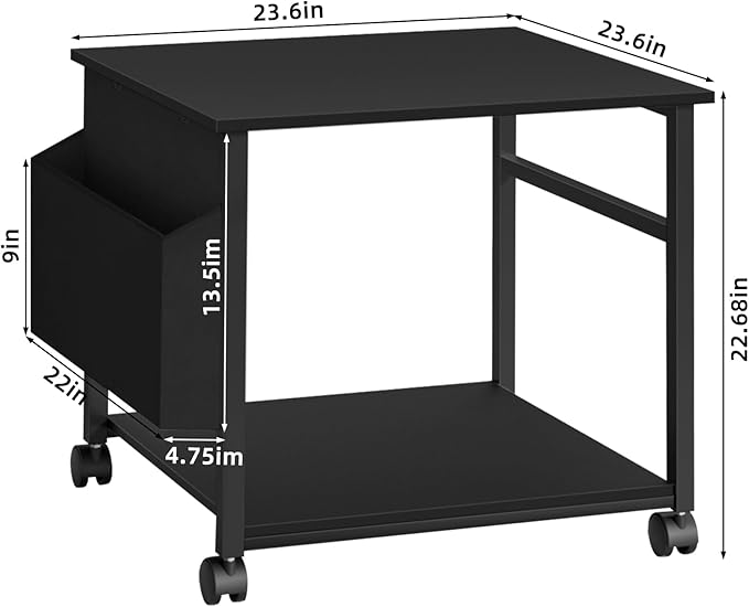 Lerliuo Large Printer Stand with Storage Shelf, 23.6 x 23.6 x 22.8 Industrial Printer Table for Home Office, Rolling Printer Cart Holder with Lockable Wheels, Mobile Mini Fridge Stand Table (Black)