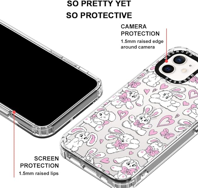MOSNOVO Case for iPhone 12 Mini, [Buffertech 6.6ft Military-Grade Drop Protection] [Anti Peel Off Tech] Clear TPU Bumper Phone Case Cover Design - Bunnies