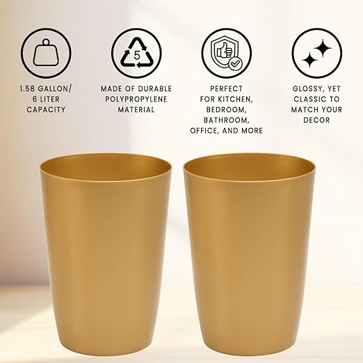 HOLDN’ STORAGE Small Trash Can - Set of 2 Open Top Waste Bin of 1.58 Gallon, Compact Waste Can Perfect for Bathroom, Kitchen, Office, Dorm - Durable Garbage Can - Soft Brass