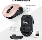 WisFox 2.4G Wireless Mouse for Laptop, Ergonomic Computer Mouse with USB Receiver and Type-C Adapter, 3 Adjustable Levels DPI, 6 Button Cordless Wireless Mice (Pink)