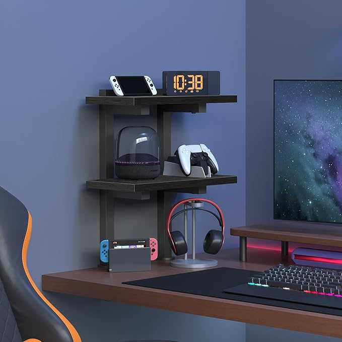 Clamp On Desk Organizer, 2-Tier Desktop Bookshelf, Adjustable Desk Storage Shelf, Metal Frame, for Office, Study and Game Room, Black DSBK3501