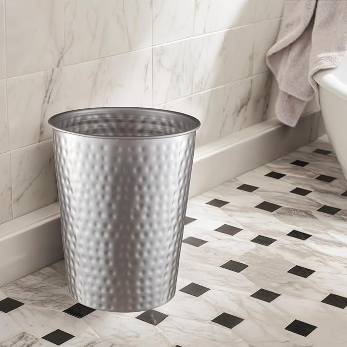 Monarch Abode Pewter Hand Hammered Metal Wastebasket for Home Office Bedroom, Decorative Waste Basket, Modern Bathroom Garbage Can, Durable & Decorative Trash Bin, Pewter Bathroom Trash Can