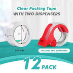 KAMOTA Packing Tape, 12 Rolls Heavy Duty Clear Packaging Tape for Shipping Packaging Moving Sealing, 2 inches Wide, 65 Yards Per Roll, Total 780 Yards with 2 Dispensers