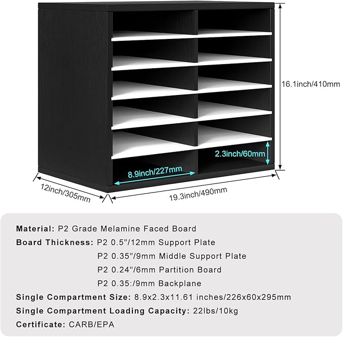 PAG Countertop Mail Sorter Organizer, Wooden Literature Organizer, Student Mailbox for Classroom, Desktop Bill Organizer for Office Home School, 12 Compartments, Black&White