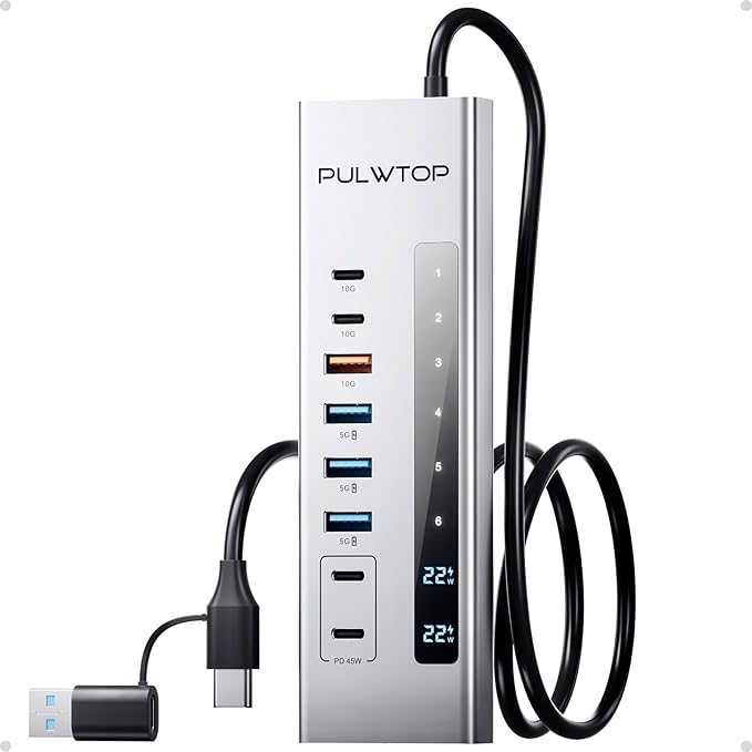 Powered USB C Hub, PULWTOP 11-in-1 USB Hub with SD/TF, 2*USB-C 10Gbps, 4*USB-A 5/10Gbps and 2 * 24/45W Type-C PD Charging Ports (Not Support Video), USB Powered Hub (72W DC Adapter Included)