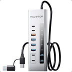 Powered USB C Hub, PULWTOP 11-in-1 USB Hub with SD/TF, 2*USB-C 10Gbps, 4*USB-A 5/10Gbps and 2 * 24/45W Type-C PD Charging Ports (Not Support Video), USB Powered Hub (72W DC Adapter Included)