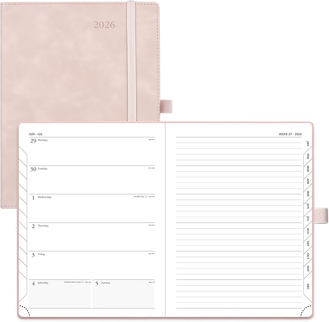 POPRUN Weekly Planner 2026 (Medium 6.5" x 8.5") Calendar 12 Months Notebook with Horizontal Layout, Leather Soft Cover, Monthly Tabs, Inner Pocket, 100GSM Thick Paper, Pen Holder - Soft Pink