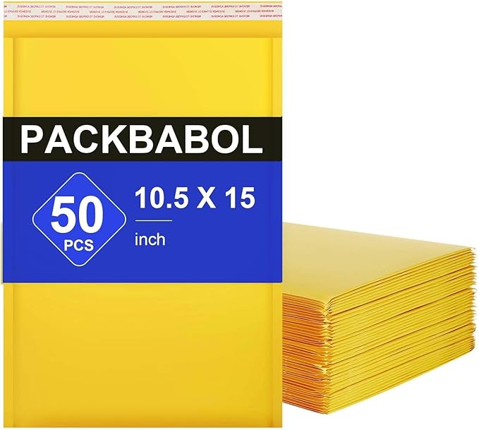 packbabol Kraft bubble mailers 10.5x15 Inch 50 Pack,Self-Sealing Paper Envelopes for Packaging,Strong Adhesion Envelope Mailers, Waterproof Cushioned Padded Shipping Bags Yellow #5