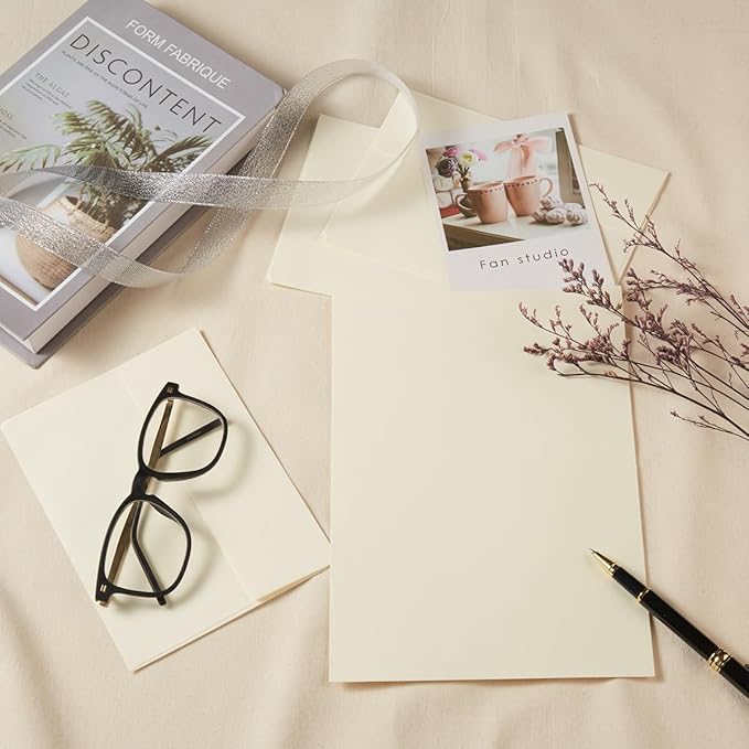 Wishop 50 Pack Self-Adhesive Envelopes with Fold Cards for Wedding Invitations, Greeting Cards, Baby Shower, Letter Mailing (Cream Color, 5x7)