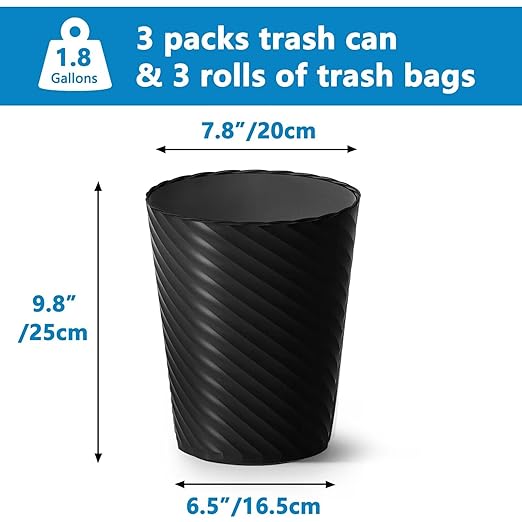 Bathroom Trash Can, 3 Pack 1.8 Gallons Small Trash Can with Trash Bags, Bathroom Garbage Can, Plastic Trash Bin, Round Waste Basket for Bedroom, Office, Kitchen, Room, Compact Space (Black)