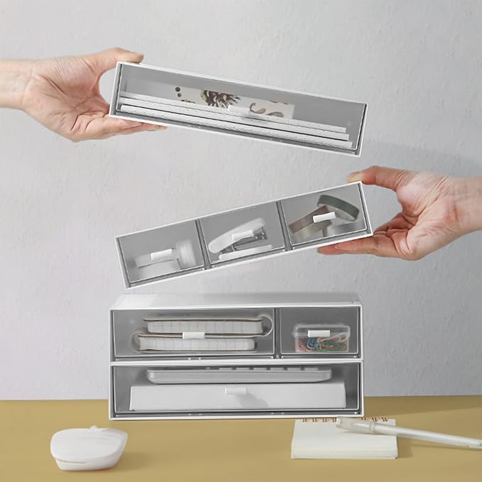 Desk Organizer-Stackable Storage Drawers, Plastic Compact Desk Storage Box Perfect for Collection Small Item/Cosmetic Office Organizer - 3 drawers (White)