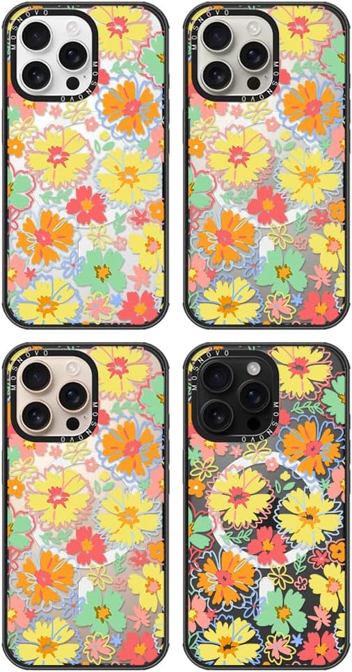 MOSNOVO Magnetic Case for iPhone 16 Pro Max, 10ft Military-Grade Protection, Compatible with Magsafe, Shockproof Phone Case for iPhone 16 Pro Max - Retro Boho Hippie Flowers - Clear Black