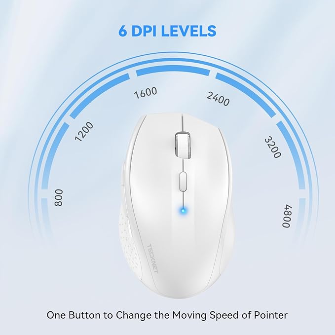 TECKNET Bluetooth Mouse, 4800 DPI Wireless Mouse, 2-Year Battery 6 Adjustable DPI, 6 Buttons Compatible with Laptop/Windows/Computer - White