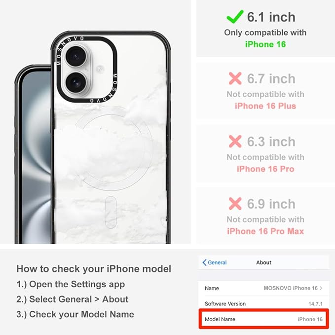 MOSNOVO Magnetic Case for iPhone 16, 10ft Military-Grade Protection, Compatible with Magsafe, Shockproof Phone Case for iPhone 16 - Cloud - Clear Black