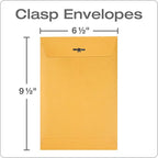Quality Park 6-1/2 x 9-1/2 Clasp Envelopes, Clasp and Gummed Closures for Storing or Mailing, Heavy-Duty 32 lb Kraft Paper, 100 Per Box (QUA37763)