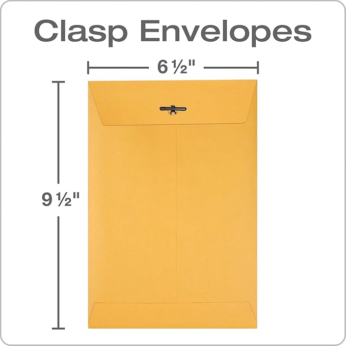 Quality Park 6-1/2 x 9-1/2 Clasp Envelopes, Clasp and Gummed Closures for Storing or Mailing, Heavy-Duty 32 lb Kraft Paper, 100 Per Box (QUA37763)