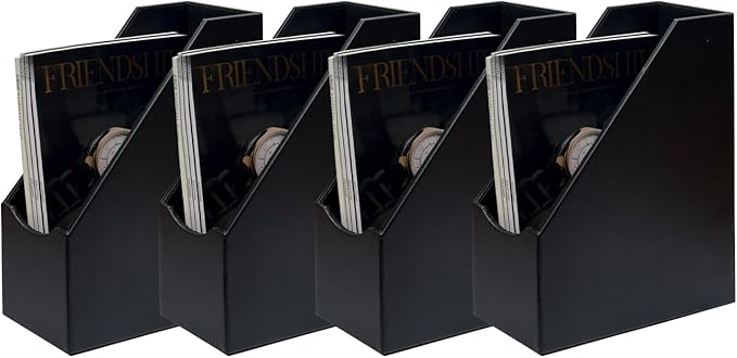 UnionBasic Magazine File Holder - Office Leatherette Desktop Document File Folder Journals Organizer Racks, Black, Set of 4